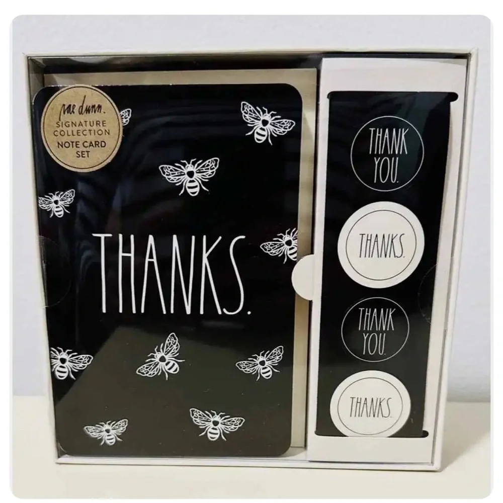 Rae Dunn “Thanks” Note Card Set, Black & White Bumblebee Print
